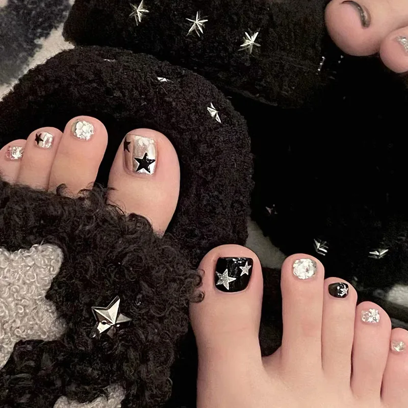 Wholesale Black Sparkly Moon Star Full Cover False Nails  Accessories Women Girls Short Press On Toenails with Rhinestones.jpg