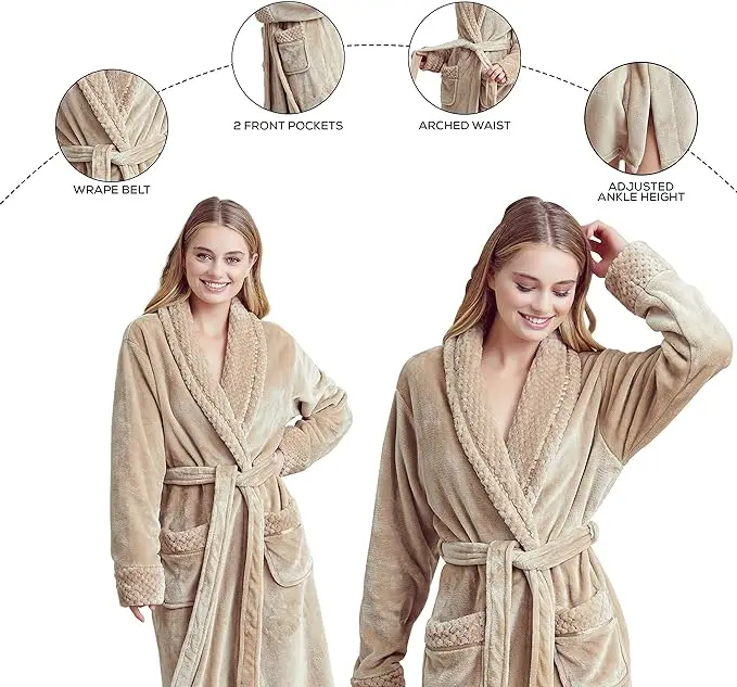 Delicate long hair soft wool bathrobe, warm as hugging, enjoy the comfortable bath time, show feminine tenderness and warmth