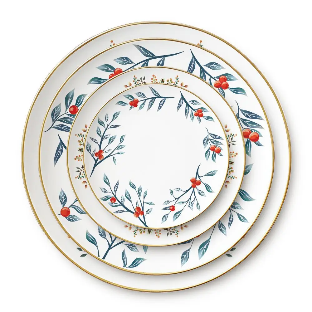 Christmas Gift Wedding Party Decor Floral Pattern Tableware Bone China Ceramic Flatware Cup & Saucer Set Dinner Service Plates