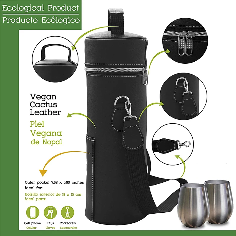 Eco Friendly Cactus Leather Unique Wine Bag  2 Bottles Wine Carrier with vegan leather  Insulated cooler bag  for Wine Lover
