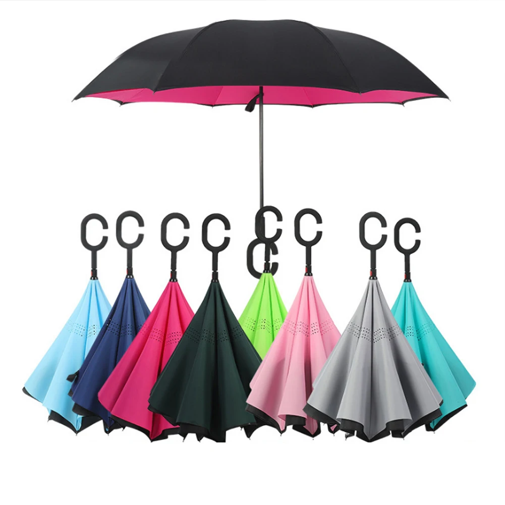
Hot Selling New Products, Stock Custom Double Layer Inside Out C Shape Handle Inverted Reverse Umbrella With Logo Prints/ 