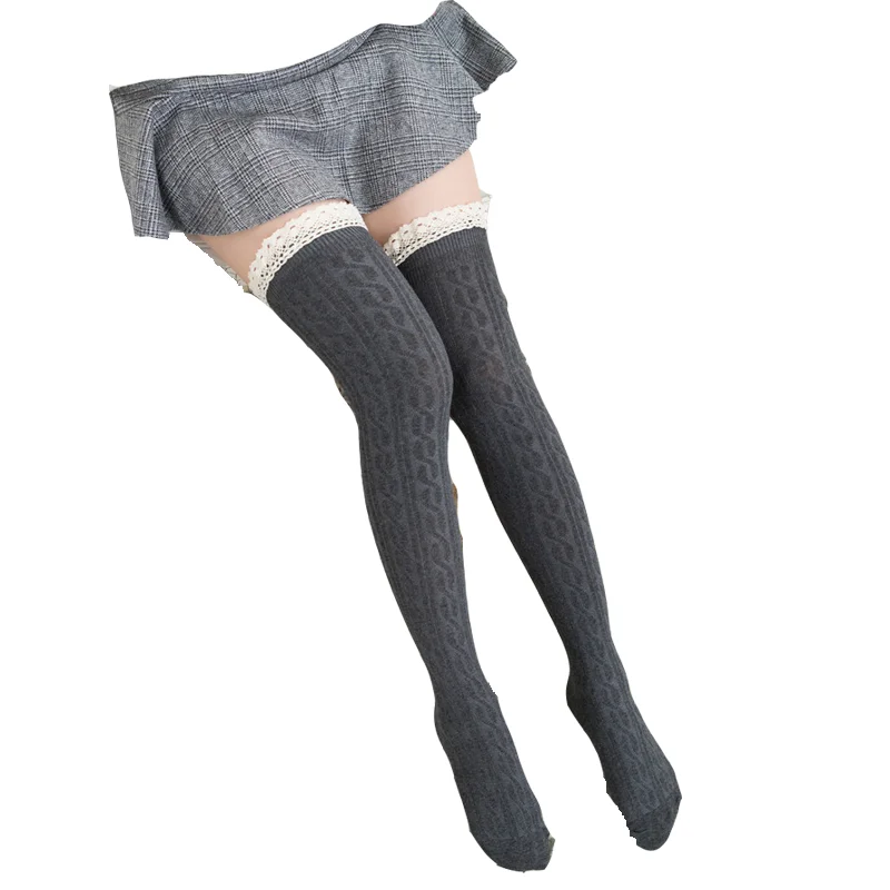 Осенние сексуальные кружевные носки для девушек в Вертикальную Полоску, хлопковые колготки выше колена, Чулки с защитой от крючков