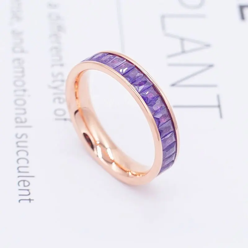 New Fashion Colorful Explosion Stone Ring with Zircon Rose Gold Titanium Steel CZ Setting Ring for Girls