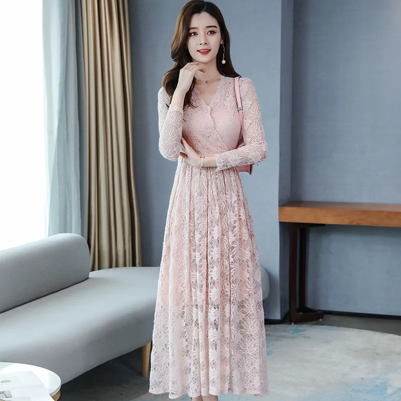 Women spring clubwear clothing long sleeve a line midi lace dresses