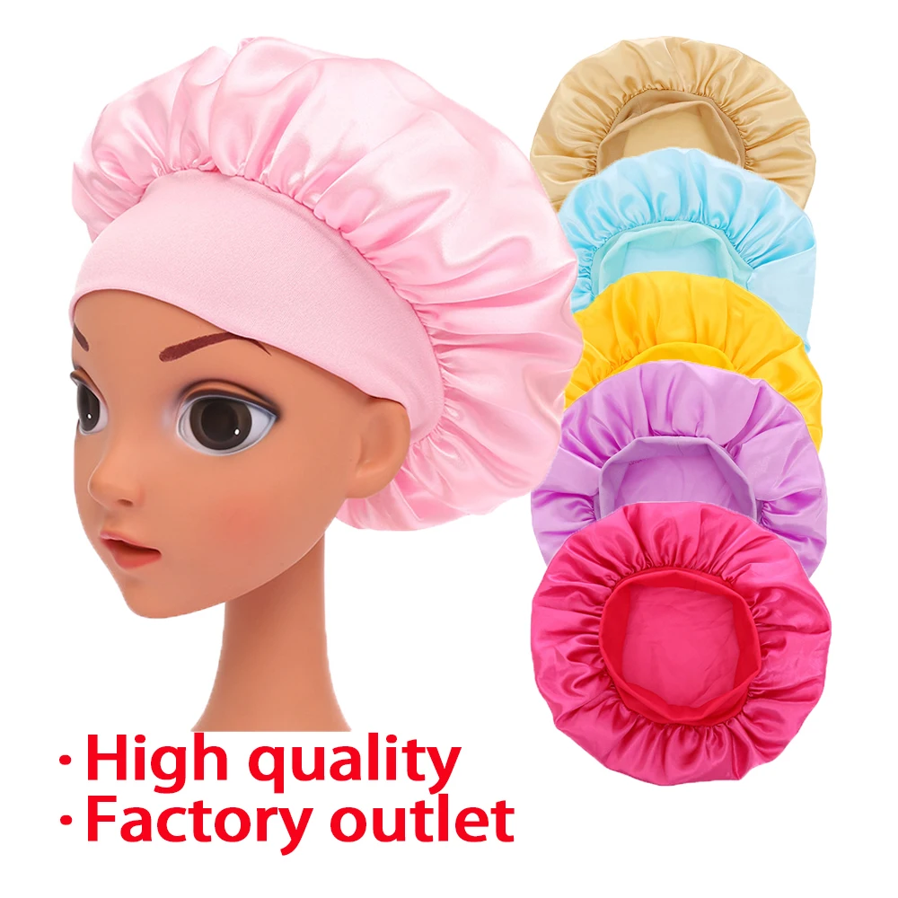 Оптовая продажа, высококачественные цветные детские Кофты для сна с широкими полями, эластичные детские атласные кофты, шапка для ухода за волосами