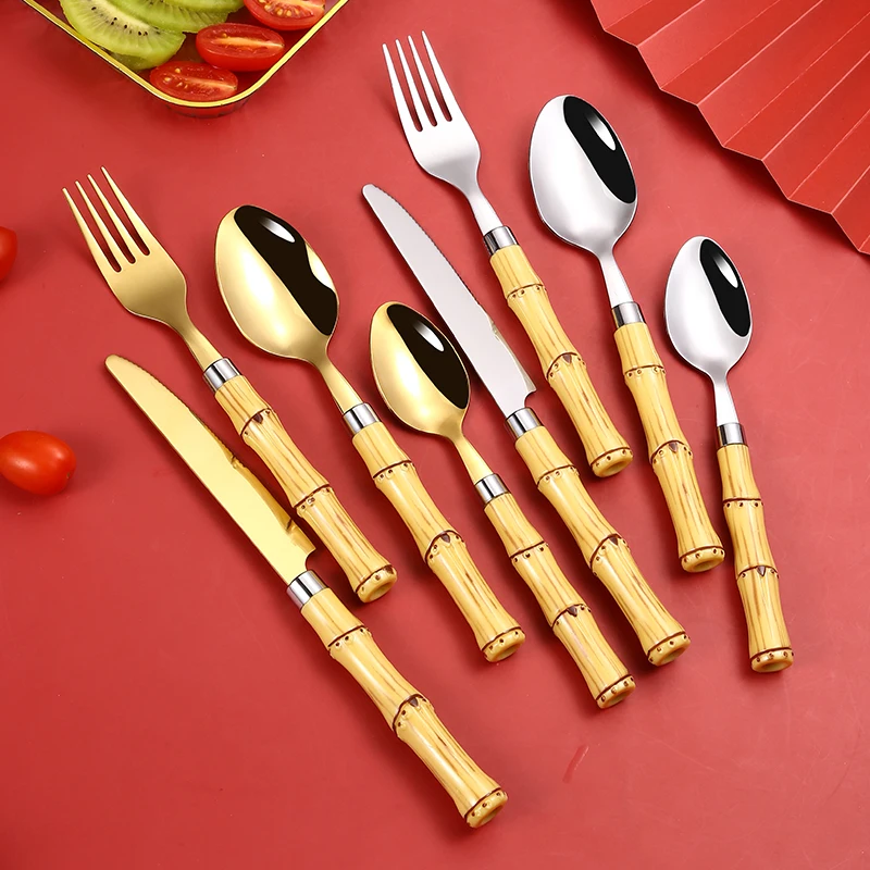 Reusable Fork Knife Serving Spoon With Bamboo Handle 430 Stainless Steel Flatware Set