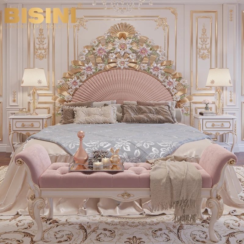 Beauteous Italy Milan Style Big House Princess Girls Bedroom Pink Bed Set Wood Carved Butterflies flowers Double Bed
