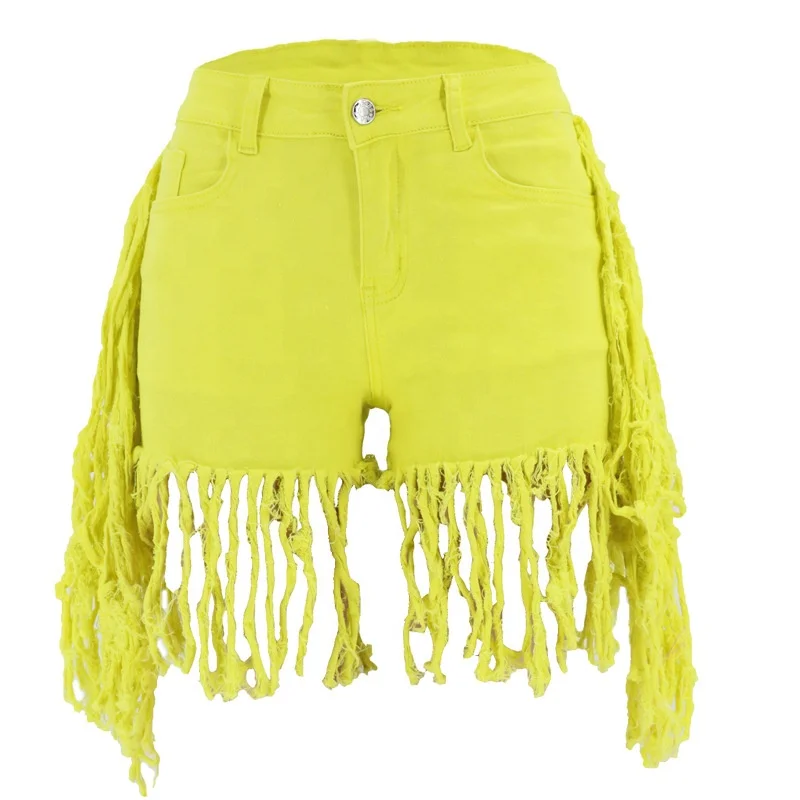 Low Waisted Long Tassels Ladies Denim Shorts Customized Pink Purple Multicolor Denim Shorts Logo Stretch Skinny Denim Shorts