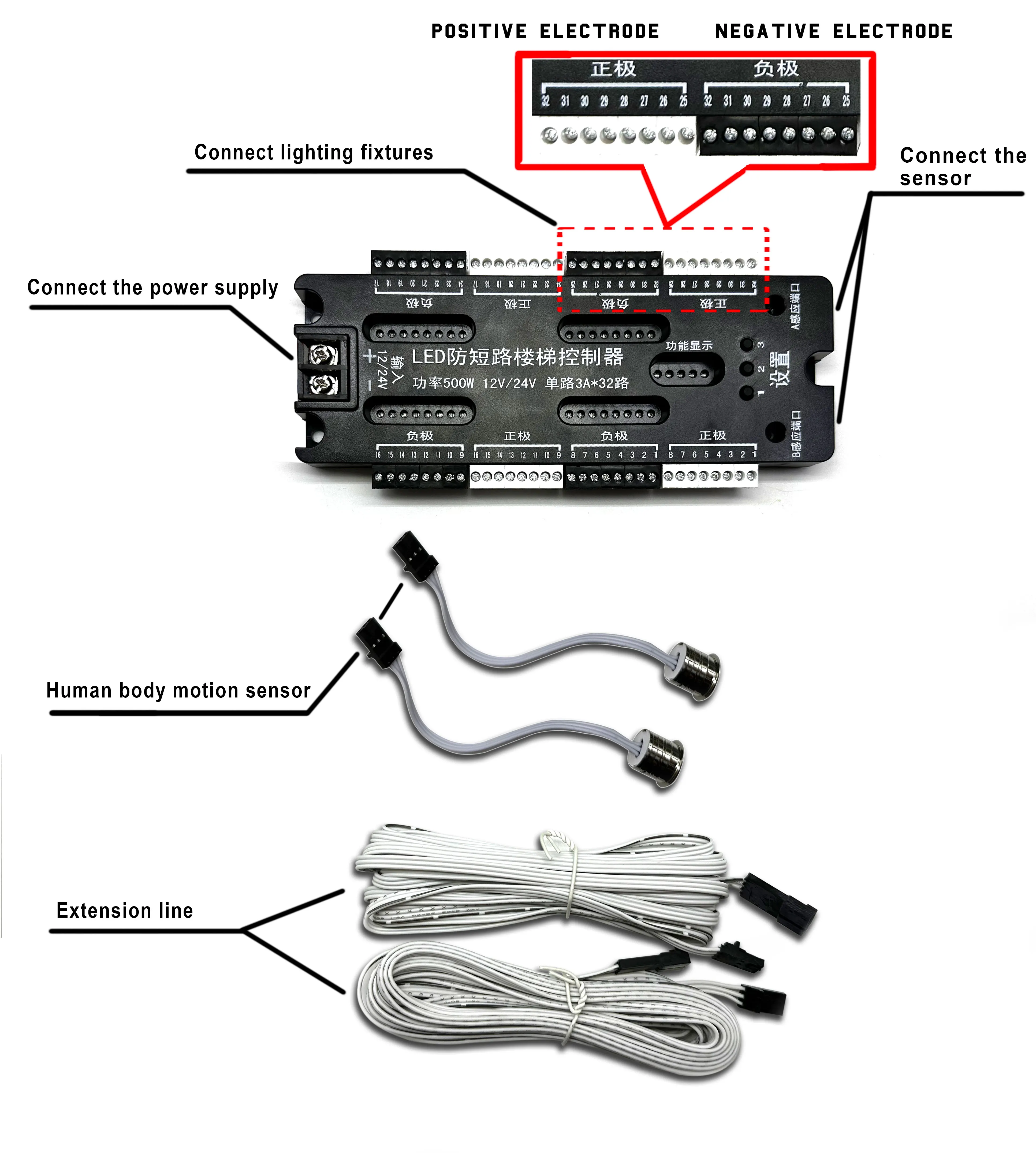 Anti Short Circuit 32 Step Smart Stairs Lighting Controller 12V 24V Motion Sensor PIR Light Staircase LED Controller System