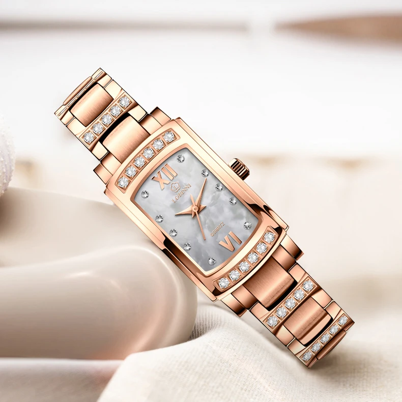 LOBINNI Quartz Business Ladies Watch Ladies Silver Rose Gold Rhinestone Diamond Set Rectangle Watch Customizable