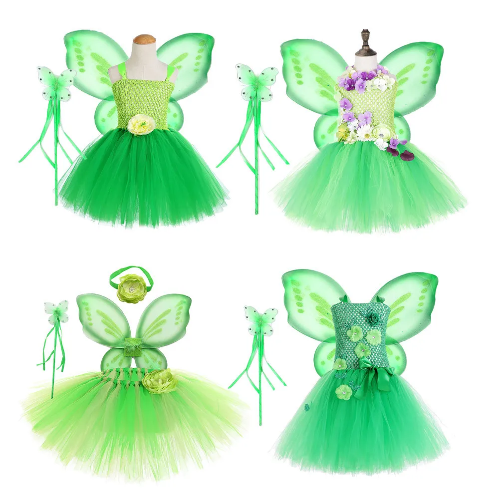 Green Flower Fairy Dress Princess Dress with Butterfly Wings Flower Petal Kids Girl Summer Floral Skirt Set Carnival Party