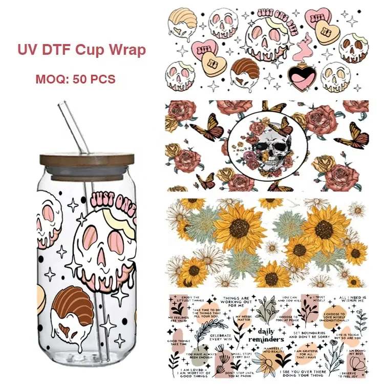 Libbey Glass 16oz 20oz 24oz Waterproof UV DTF Transfer Custom Logo PVC Heat Transfer Printing Sticker for Cups