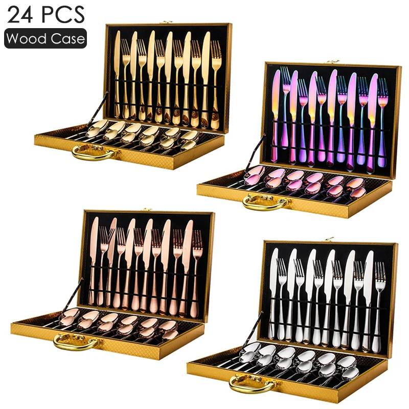 1010 ложка вилка для ножей серебристо-черная столовая посуда свадебная распродажа роскошные золотые столовые приборы ресторана из нержавеющей стали 24 шт. в комплекте с чехлом