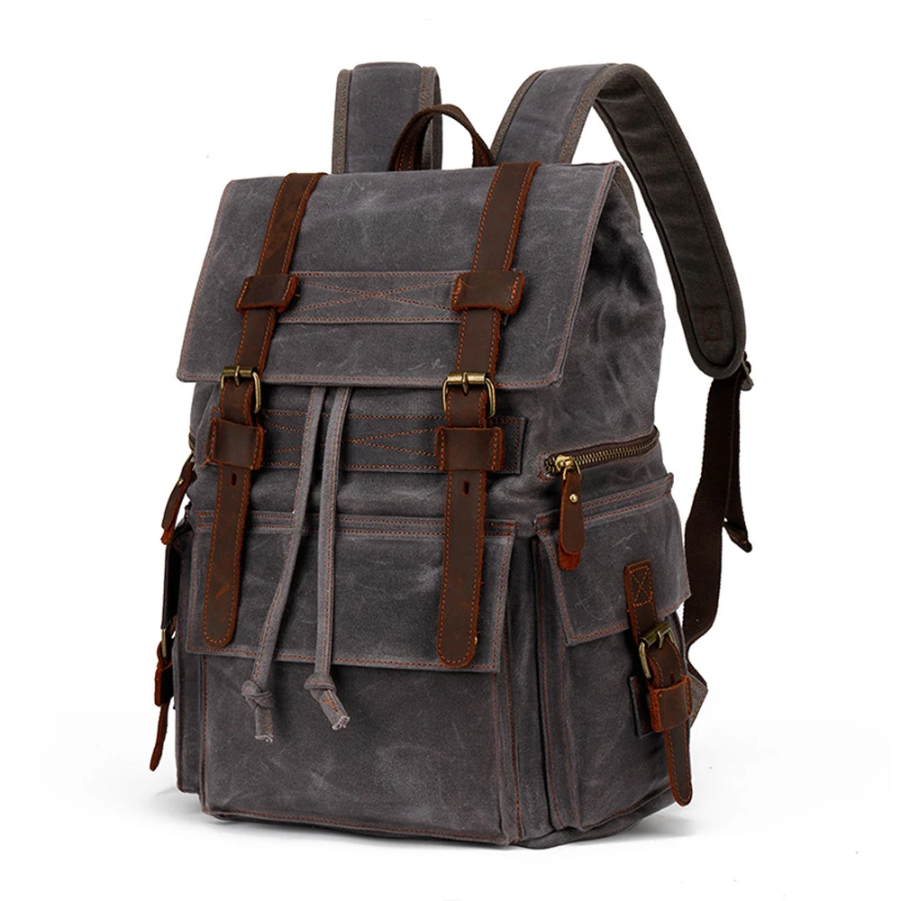 Customized Wholesale New Fashion Vintage Waterproof Genuine Leather Waxy Canvas Backpack Durable Portable Drawstring Rucksack