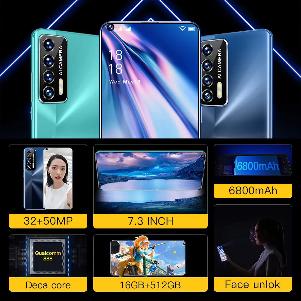 Wholesale Reolme7 Telephones 7.3inch Cellphone 6800mah Dual sim 10core Smartphone HD Camera  16GB+512GB Gaming Mobile Phones