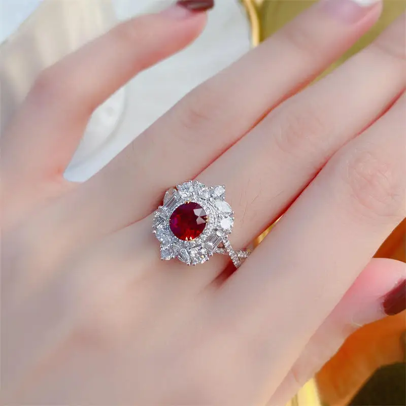 Royal Fine Jewelry Supplier Ruby Ring Gold Trendy Europe Natural for Women South Africa Real Diamond 0.9ct Pigeon Blood Red 18k