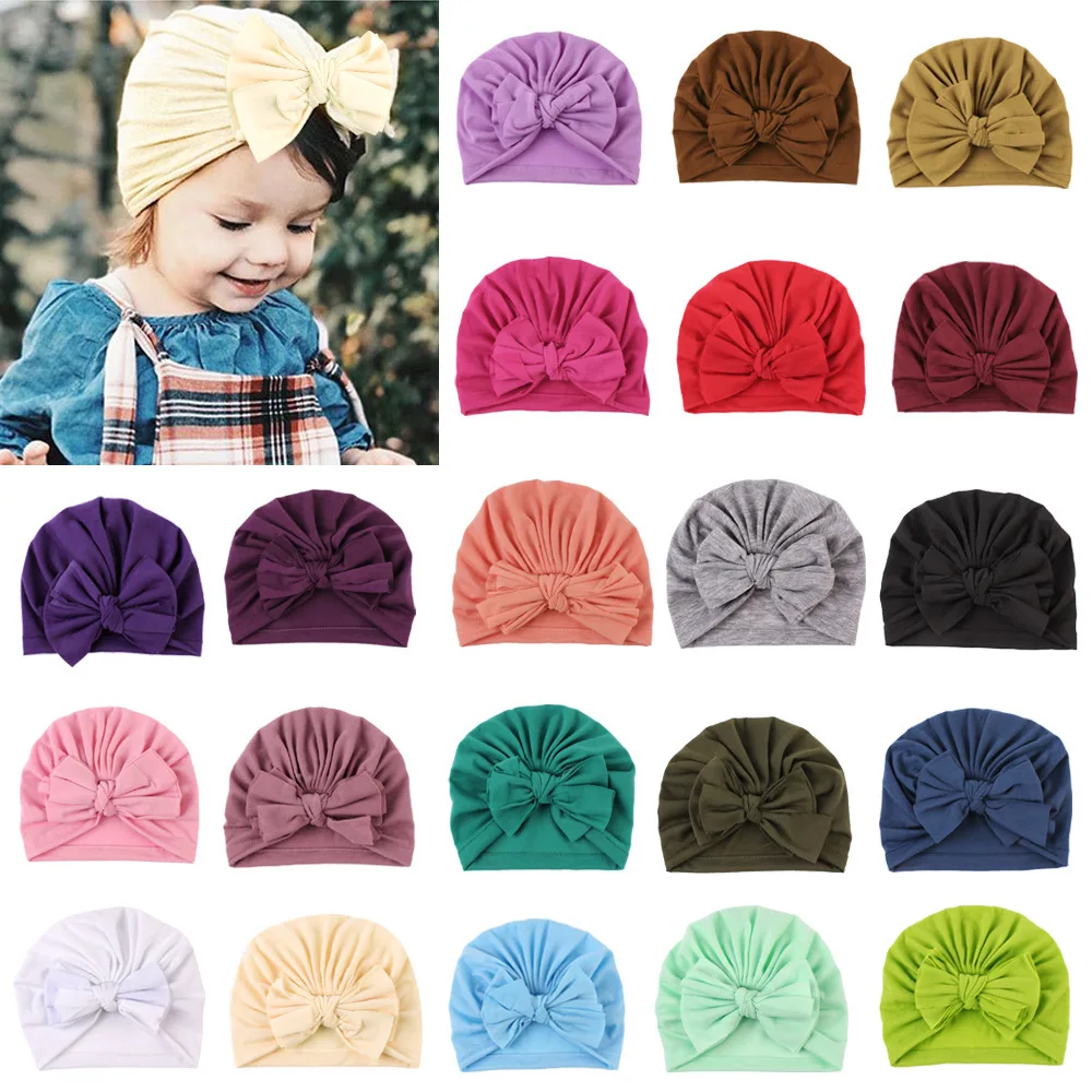 RTS Fashion Wholesale Pure Color Soft Cotton Spdandex Headwrap Headband Newborn Infant Baby Girls Knot Bow Hair Turban
