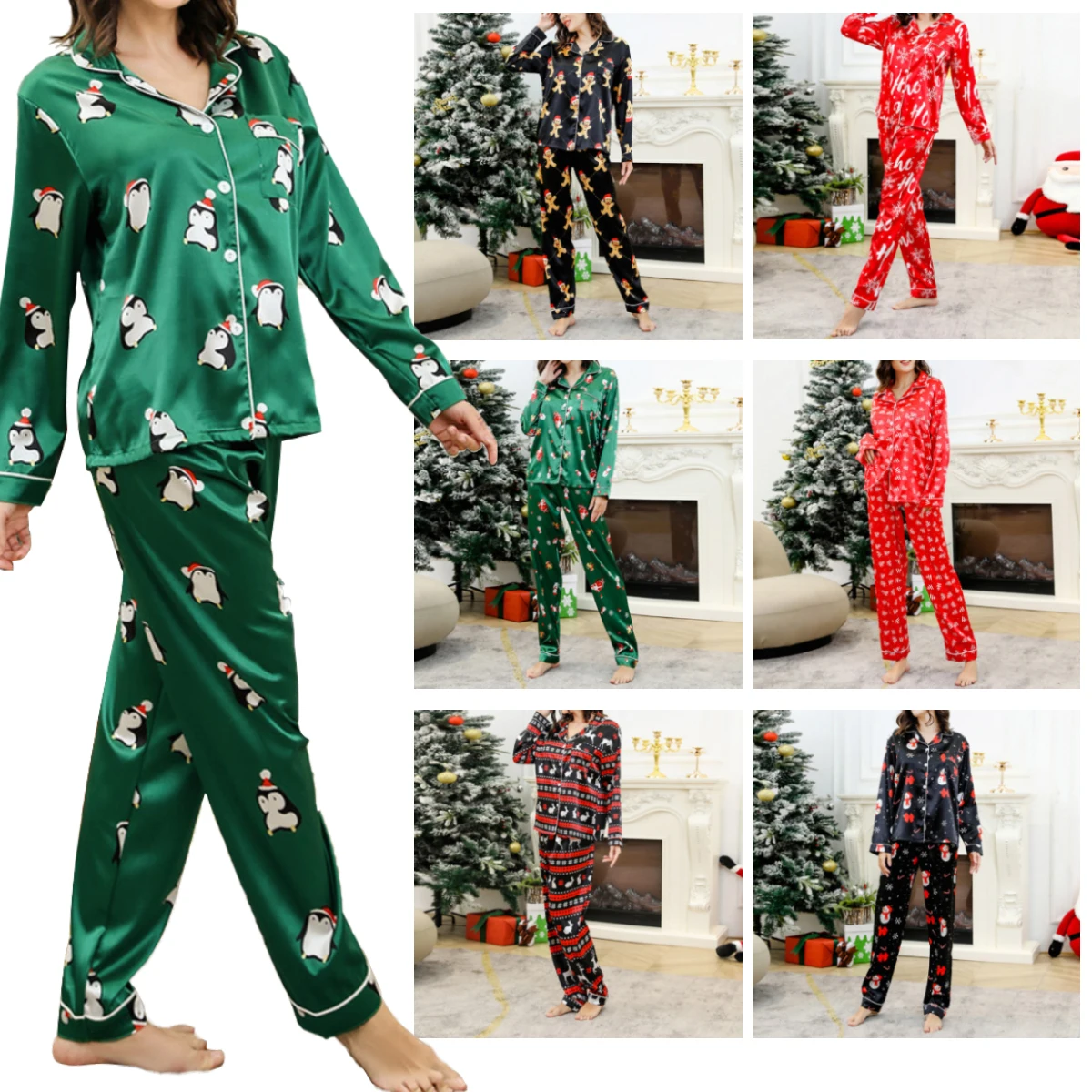 Custom Christmas Matching Parent-child Home Clothes Plaid Stitching Printing Kids Family Satin Silk Christmas Pajamas Suit