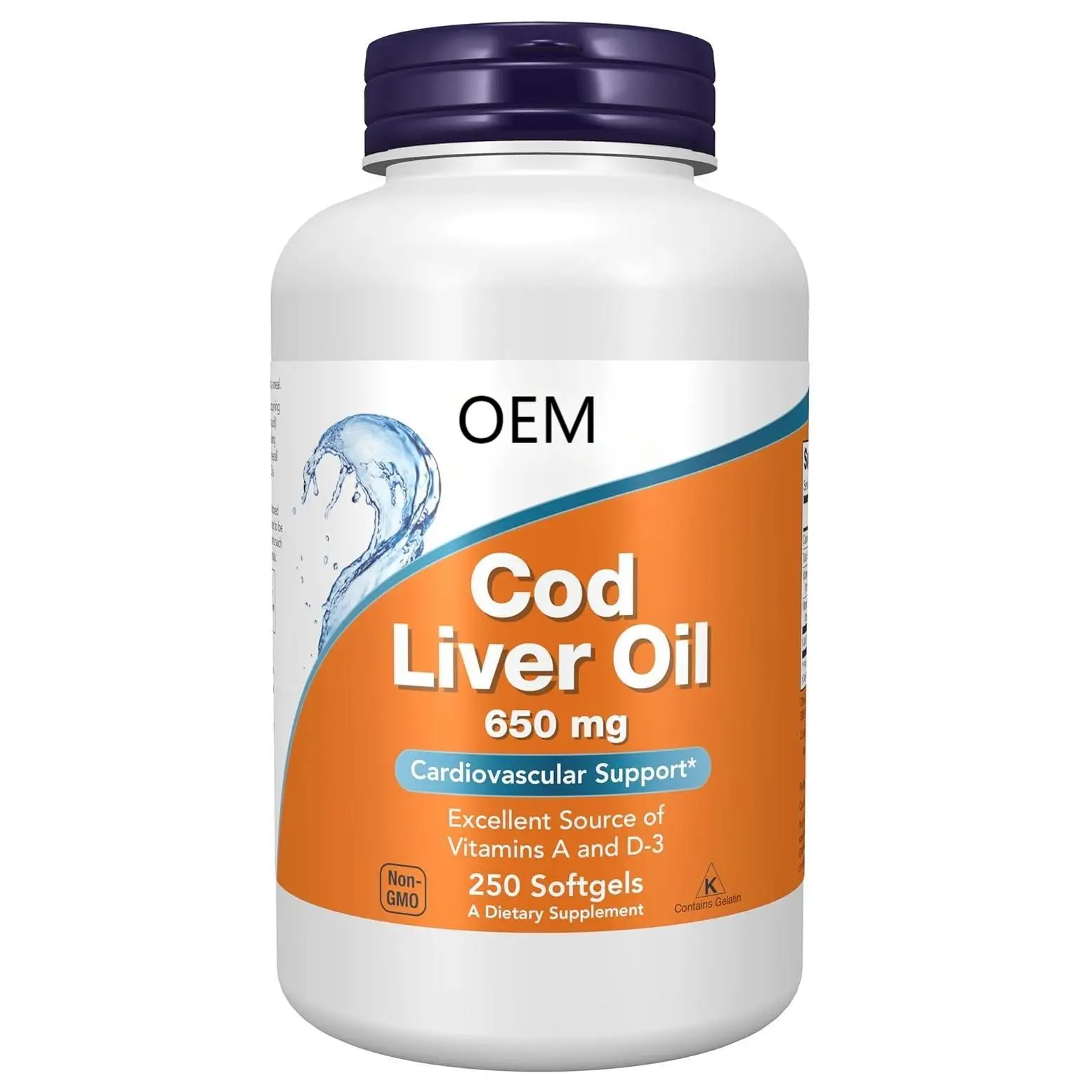 OEM  Cod liver oil, rich in vitamin A and D-3, protecting heart health, gluten free, non genetically modified