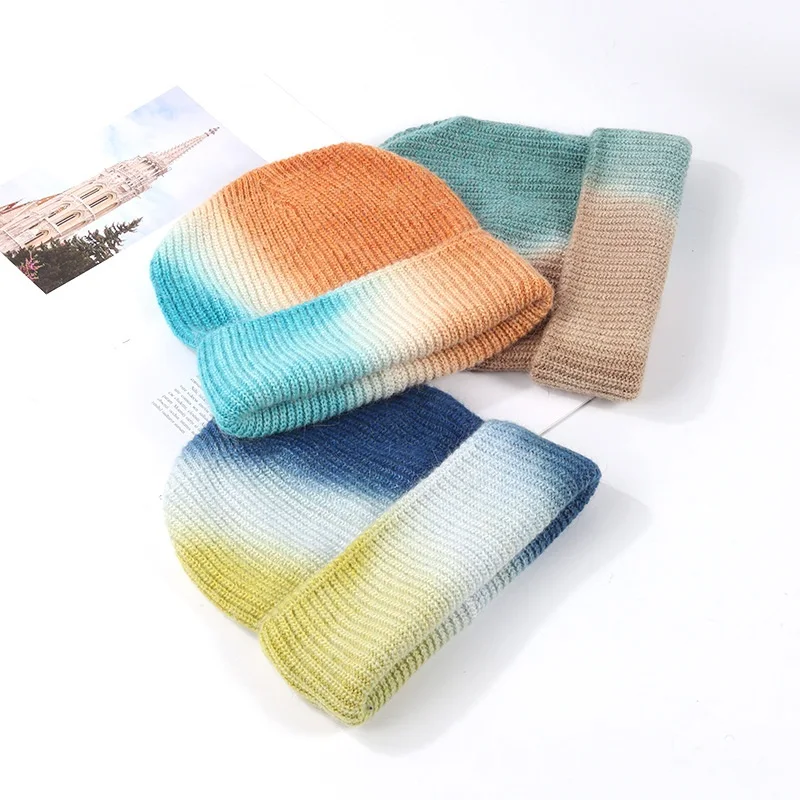 Fashion Custom Tie Dye Printing Cuffed Knitted Skull Cap Winter Warm Gradient Beanie Hat For Women