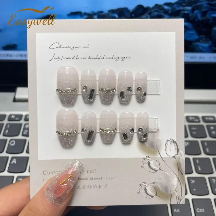 Custom handmade French White Stars Shining Sequins Gel Nails Diamond Press On Full Cover Acrylic Finger Nail Tips