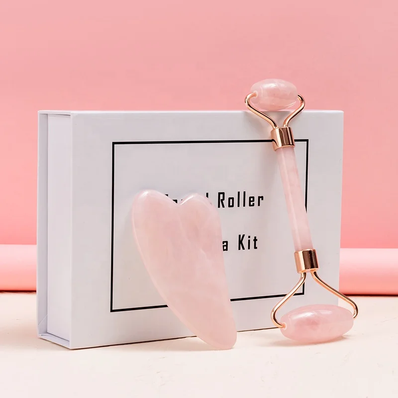 
Natural Jade Stone Crystal Facial Beauty Face Massage Roller Double Headed Jade Roller Gua Sha Set 