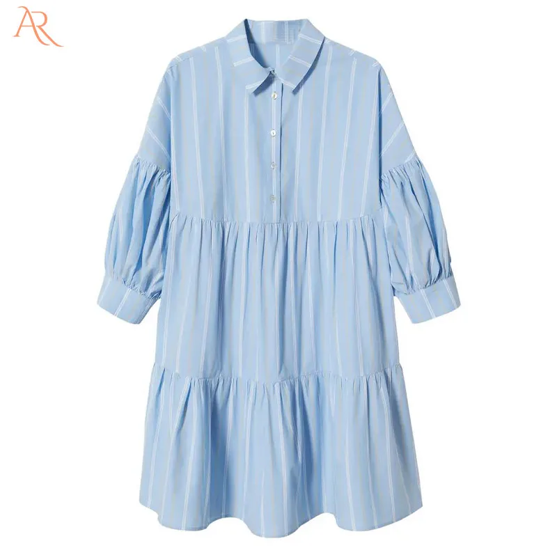 Wide and stylish layering cotton half sleeve pleated shirt skirt mini skirt