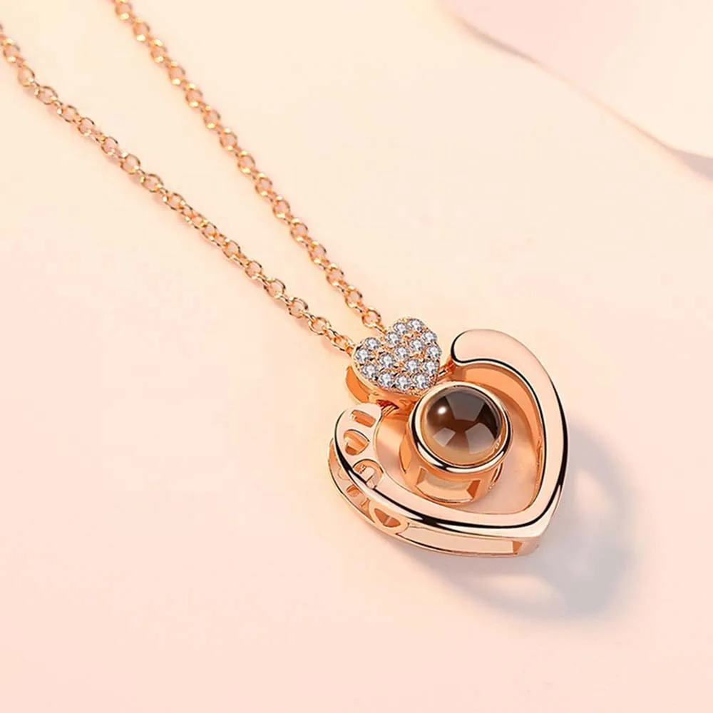 Best Jewelry Fashion  925 Sterling Silver Two Menth Way Wear Nano Engraved 100 Languages I LOVE YOU Double Heart Necklace