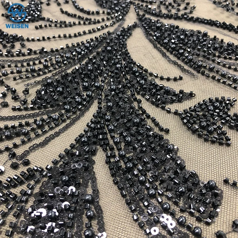 Luxury wedding sheer French lace sequins handmade tube bead lace fabric with gemstone beaded sheer lace WS3388