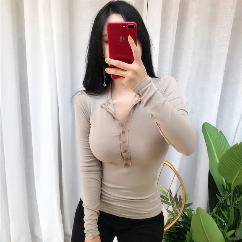 White T Shirt Women Korean Style Women Tops Long Sleeve Button Slim Basic Ropa Mujer Chic Clothes Sexy Deep V Neck T Shirt
