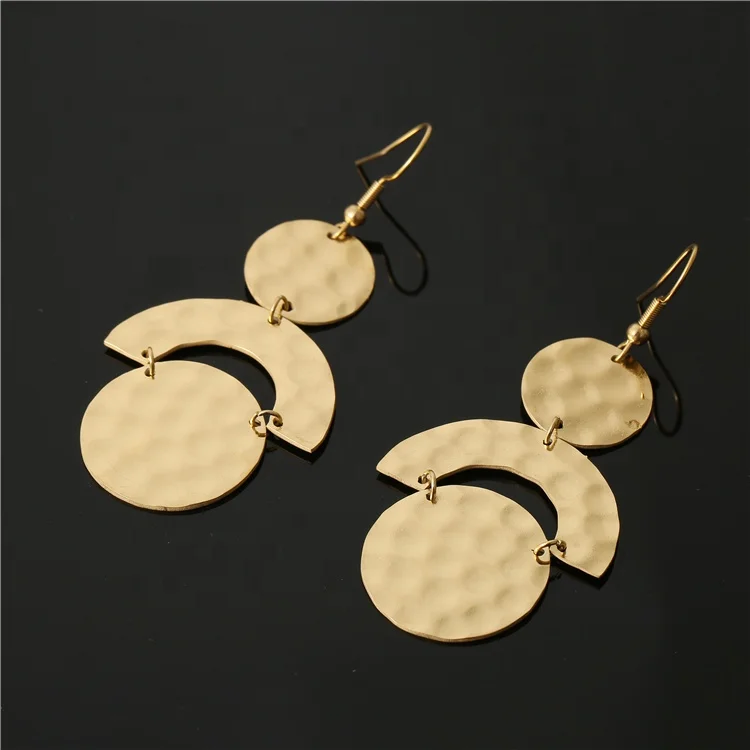 18K Real Gold Plate Stainless Steel Hammered disk coin arch shape dangle Earrings for Women and girls
