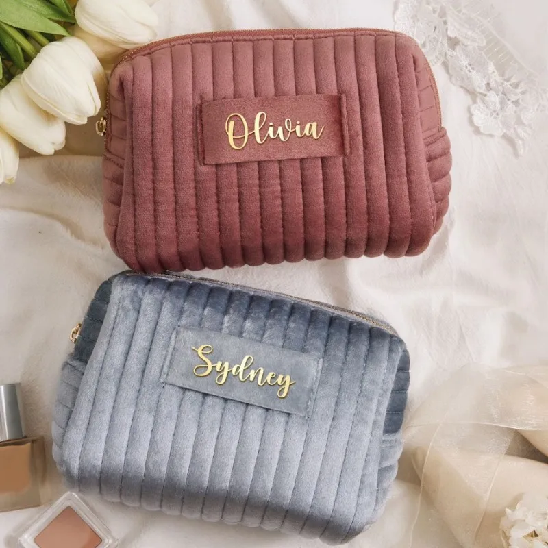 Custom Logo Travel Large Quilted Cosmetic Pouch Velvet Makeup Bag For Women