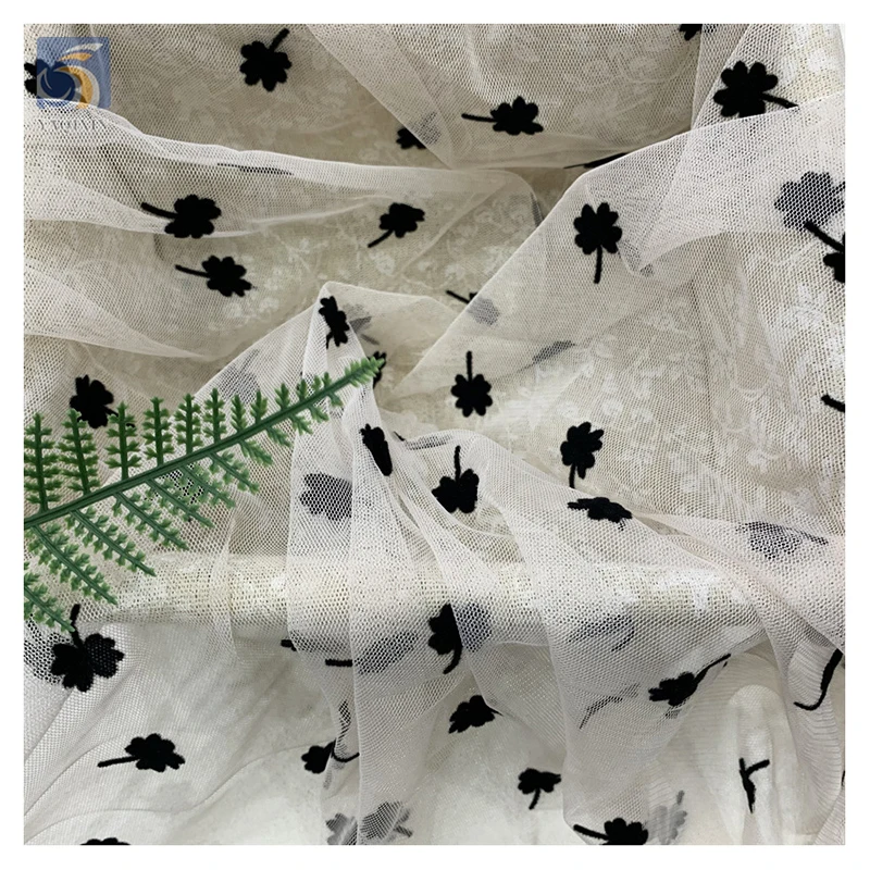 Competitive Price Flock Tulle Net Fabric Dress Model Latest Black French Small Floral Flocked Tulle Mesh Lace Fabric