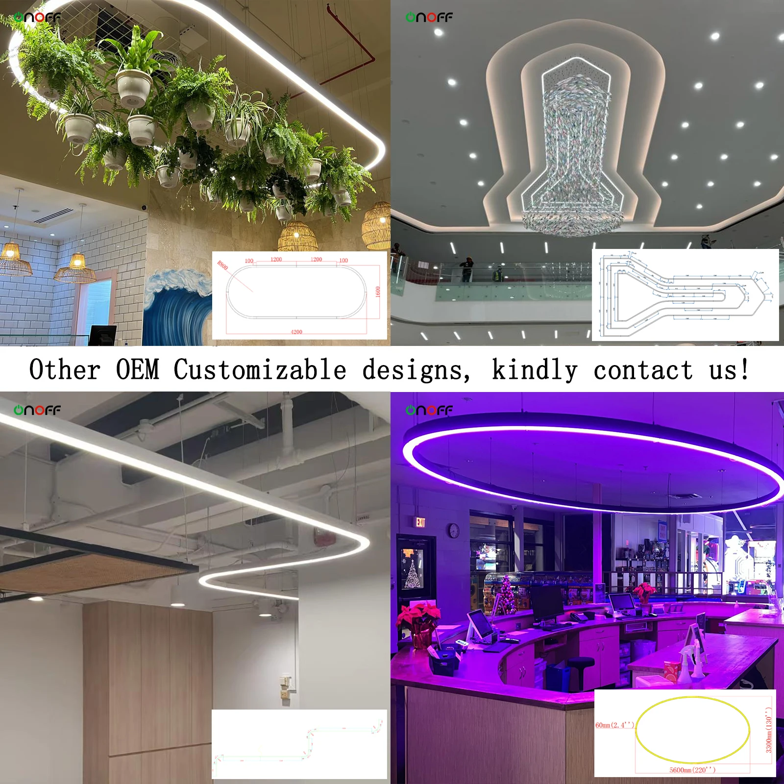 Oval led linear ceiling light round corner rectangle suspended profile light for stores