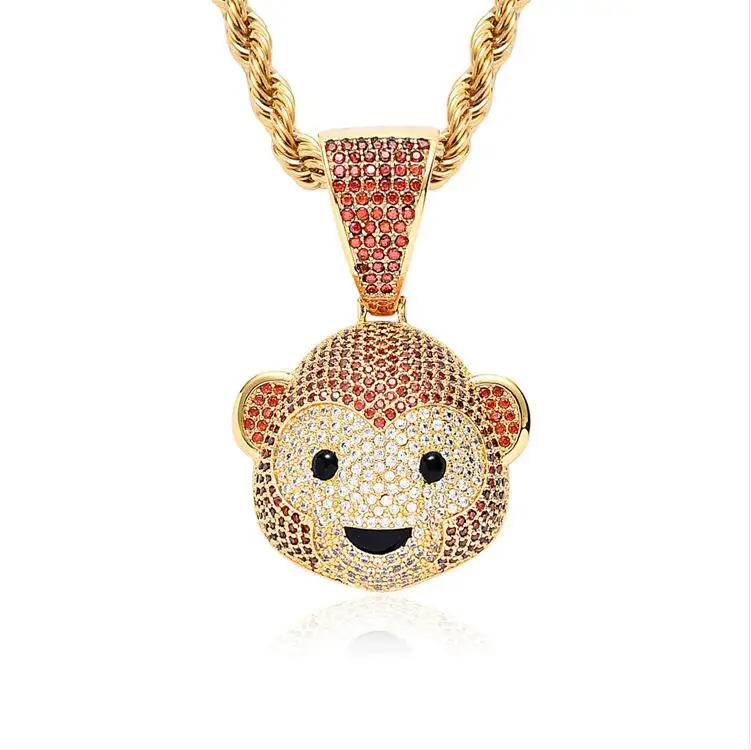 New Cute Cartoon Monkey Necklace Pendant Real Gold Plated Copper Inlaid Zircon Hip Hop Necklace Jewelry