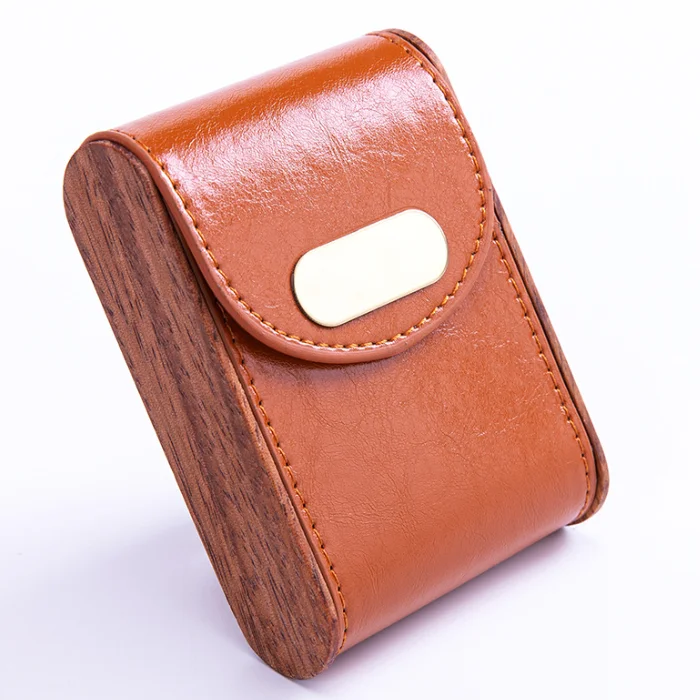 High-quality PU Leather Wooden Cigaret te Case Bag Tobacc o Holder Travel Cigarett-e Holder Cigarettes Storage Box for Men Women