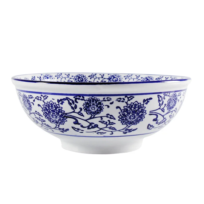 Blue and white pottery big bowl household Lamian Noodles creative retro bamboo hat bowl