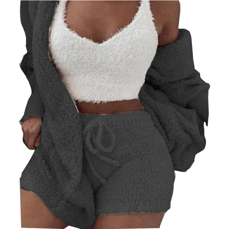 Autumn Winter Fluffy Outfits Plush Sexy Backless Fleece Women Casual Sports Sweatshirt Home Wear Sets Tracksuit 3 Piece