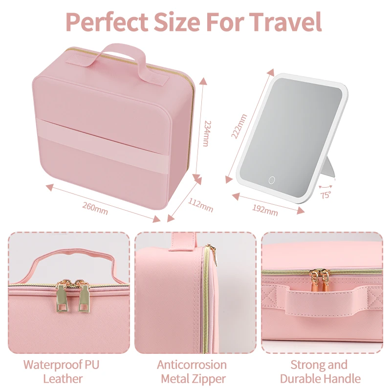 Wholesale Custom Logo Pink Vanity Pu Leather Box Make Up Organizer Travel Makeup Bag Case With Led Light Mirror