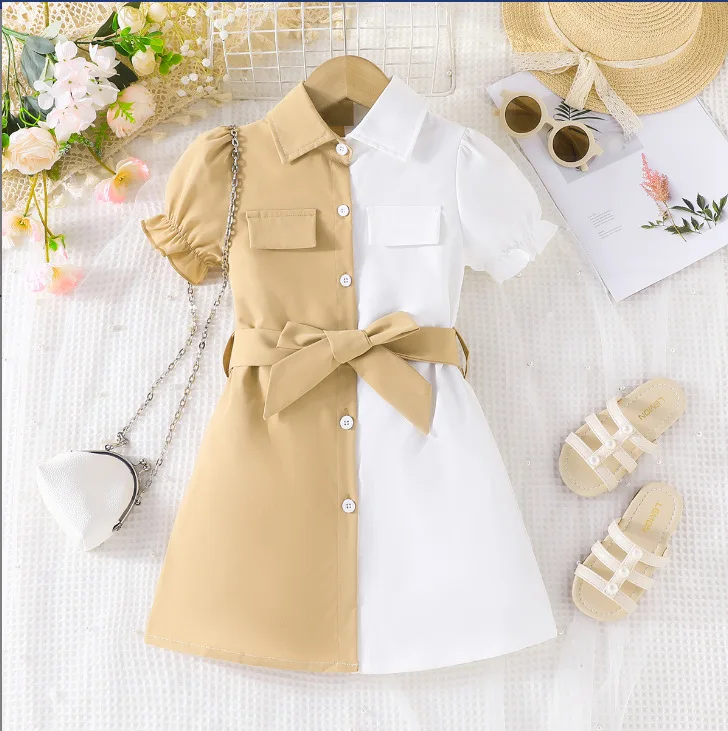 2024 New Design Long Sleeve Kids Dresses for Girls Baby Girls Sweet Clothing with Neck Solid Pattern Button Decoration Summer