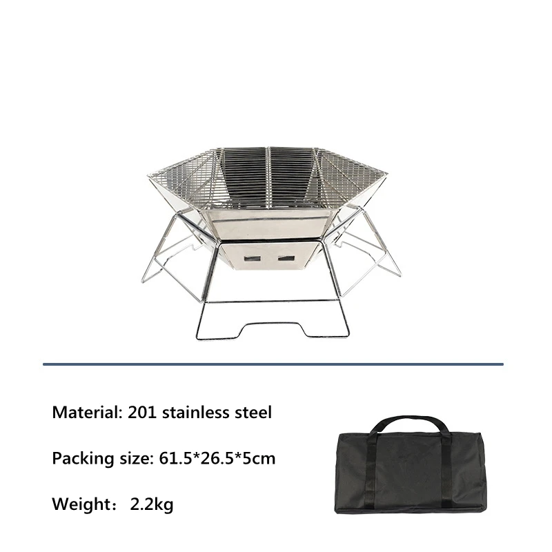  Stainless Steel Barbecue Grill Outdoor Camping Portable Foldable Wood Stove Household Hexagonal