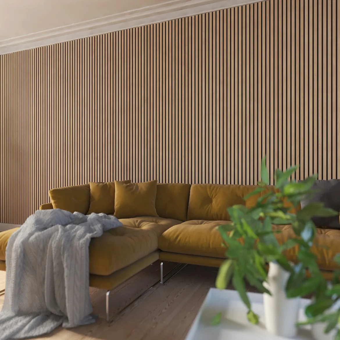Eco friendly Sustainable Wood Veneer Covered MDF Slatted Wall Panel With PET Felt fleece Backing For Wall And Ceiling