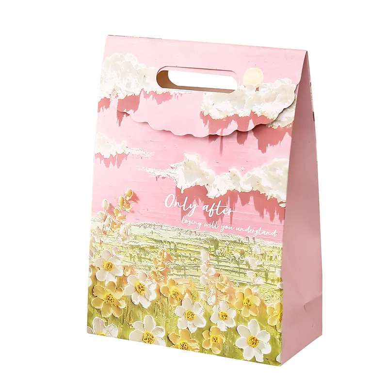 Wholesale Custom Logo Colorful Exquisite Packaging Paper Bag Literary Oil Painting Gift Bag Floral Shopping Bag With Handle