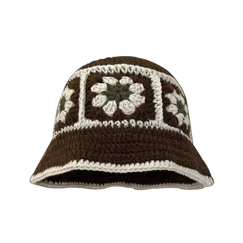 Support Customized Vintage Cherry Flowers Hand-knitted Pot Hat Female Fall and Winter Sweet Hundred With Wool Hat