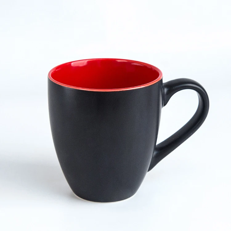 Wholesale 14oz Glossy Porcelain Tea Cup Custom Logo Black Outside Red Inside Double Color Glazed Ceramic Coffee Mugs For Gift