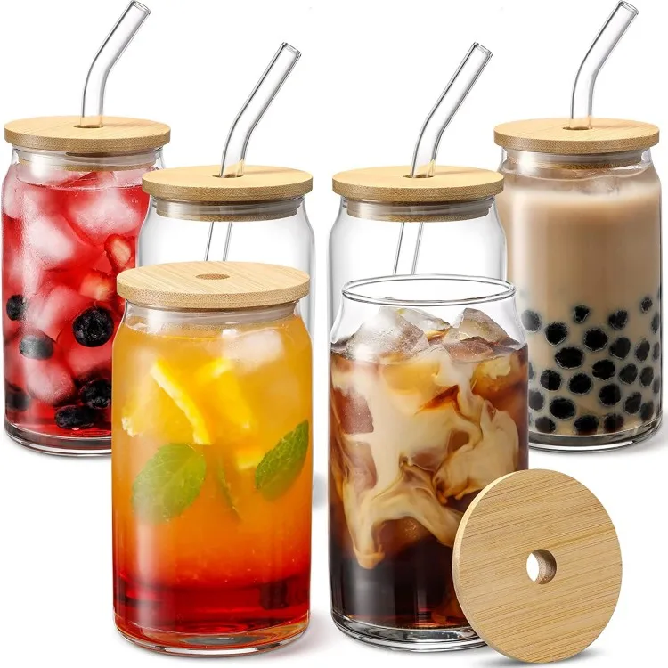 New style 16 oz beer can glass with bamboo cover and glass straw used for Ice coffee cup lovely smoothies boba tea whisky water
