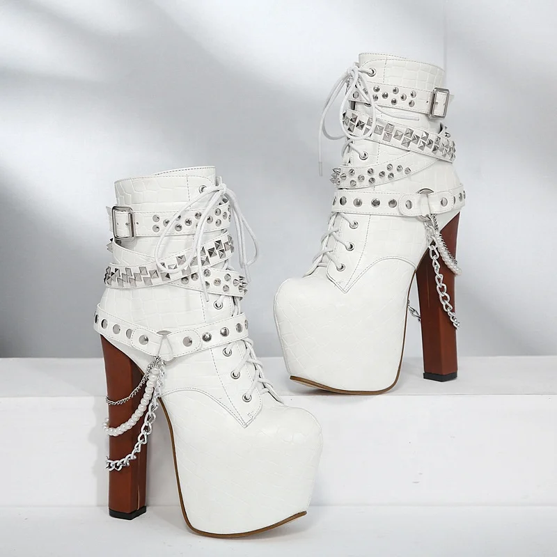 China Factory New Style Zipper Dress Shoes Chain High Heel Metal Button Rivet Stiletto Spike Femmes Mujer Black Ankle Boots