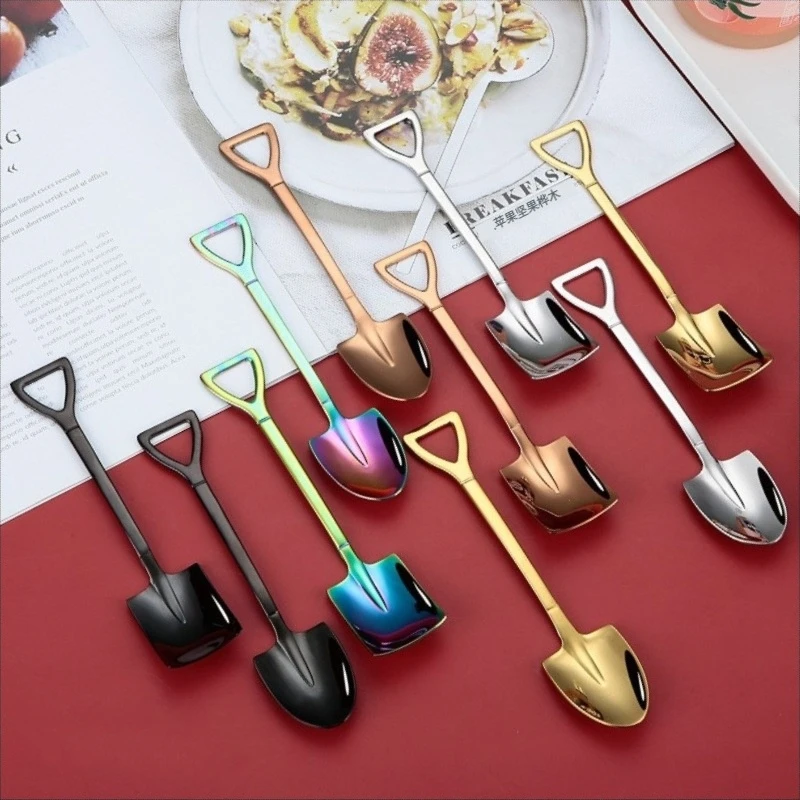 Summer Hot sell Gold Stainless Steel Small Shovel Shaped Scoop Design Mini Rainbow Cake Tea Coffee Ice Dessert Spoon