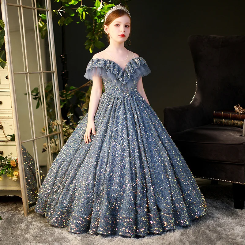 Girls Sparkly Exquisite Sequins Bling Princess Dress Costume Kids Party Wedding Dresses