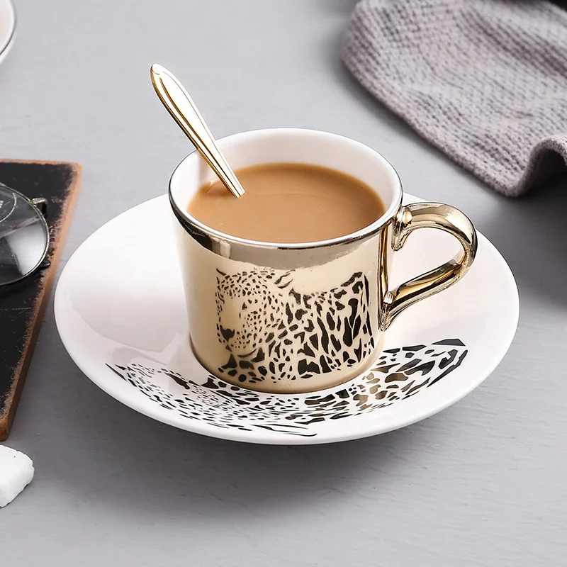 Ceramic Coffee Cup And Saucer Gift Ser Mirror Mug Magic Reflection Imaging Animal Mug with Ceramic and Bamboo Tray